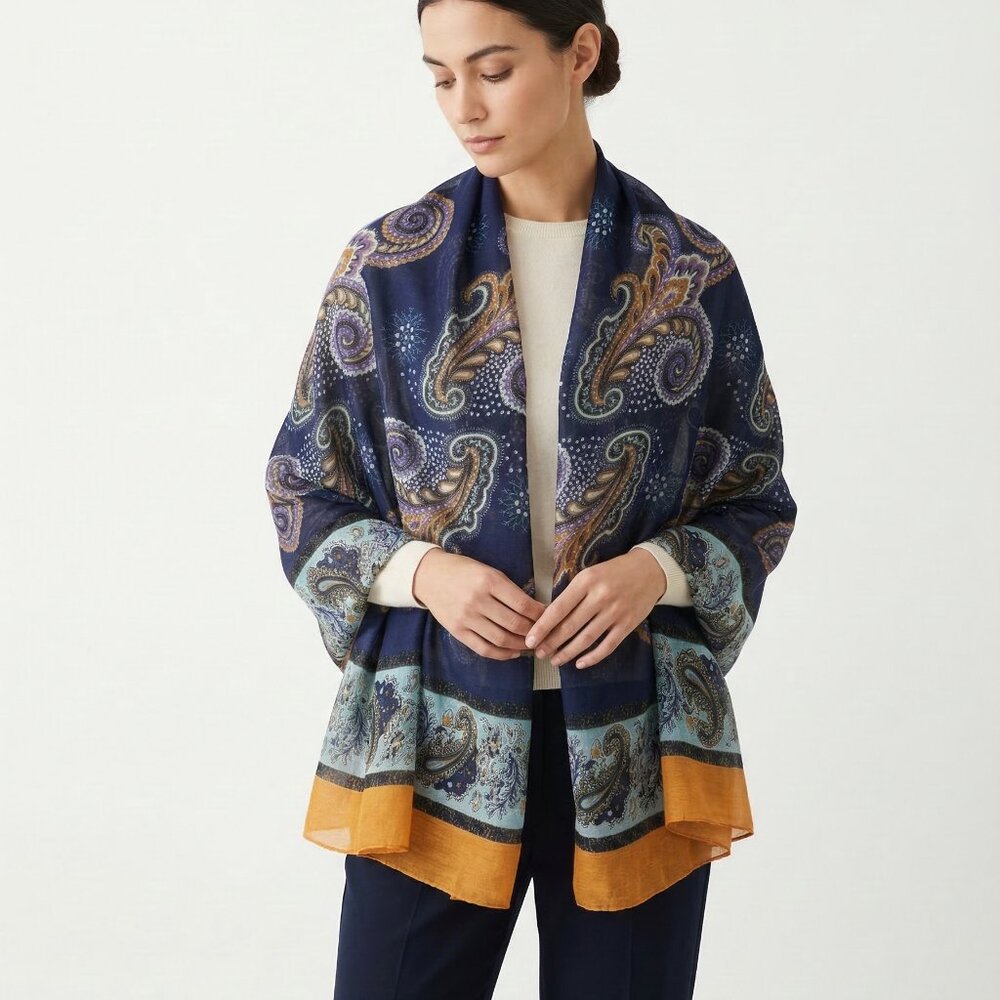 Unbranded Scarf Blue Orange Paisley sheer Boho Cottage Festival